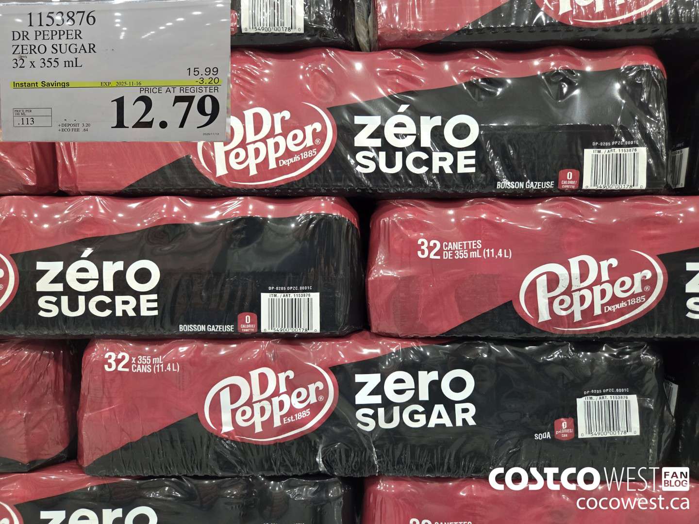 1153876 DR PEPPER ZERO SUGAR 32 x 355 mL ($3.20 INSTANT SAVINGS EXPIRES ON 2025-11-16) $12.79