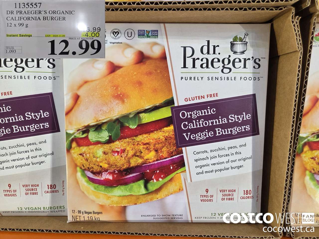 1135557 DR PRAEGER'S ORGANIC CALIFORNIA BURGER 12 x 99 g ($4.00 INSTANT SAVINGS EXPIRES ON 2025-11-09) $12.99