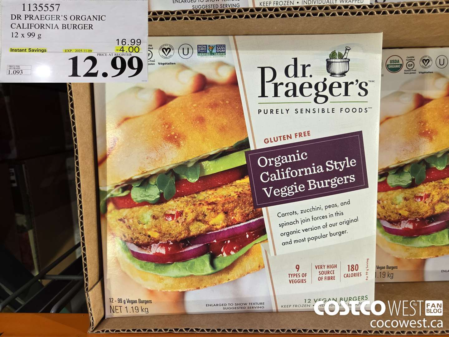 1135557 DR PRAEGER'S ORGANIC CALIFORNIA BURGER 12 x 99 g ($4.00 INSTANT SAVINGS EXPIRES ON 2025-11-09) $12.99