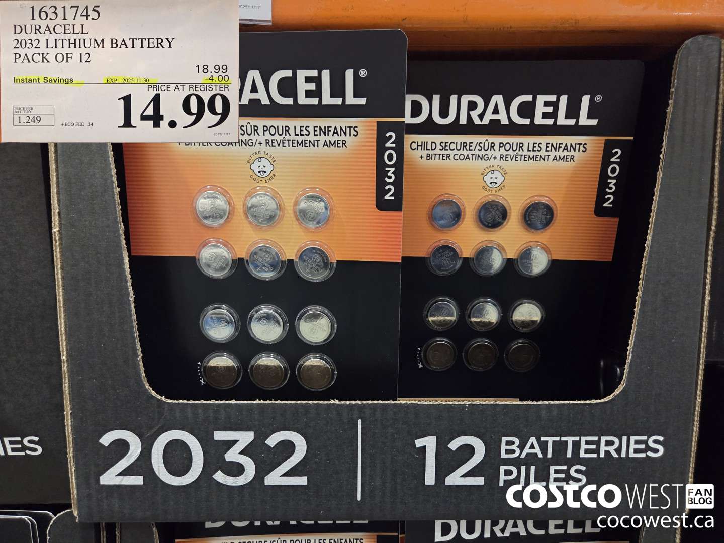 1631745 DURACELL 2032 LITHIUM BATTERY PACK OF 12 ($4.00 INSTANT SAVINGS EXPIRES ON 2025-11-30) $14.99
