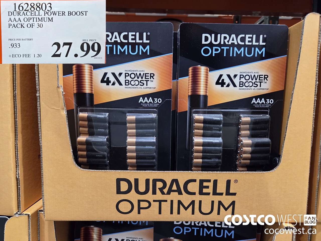 1628803 DURACELL POWER BOOST AAA OPTIMUM PACK OF 30 $27.99