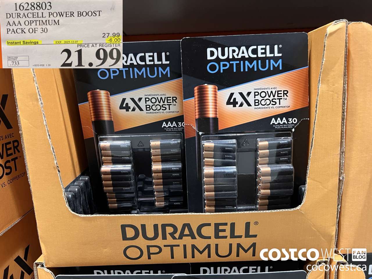 1628803 DURACELL POWER BOOST AAA OPTIMUM PACK OF 30 ($6.00 INSTANT SAVINGS EXPIRES ON 2025-12-07) $21.99