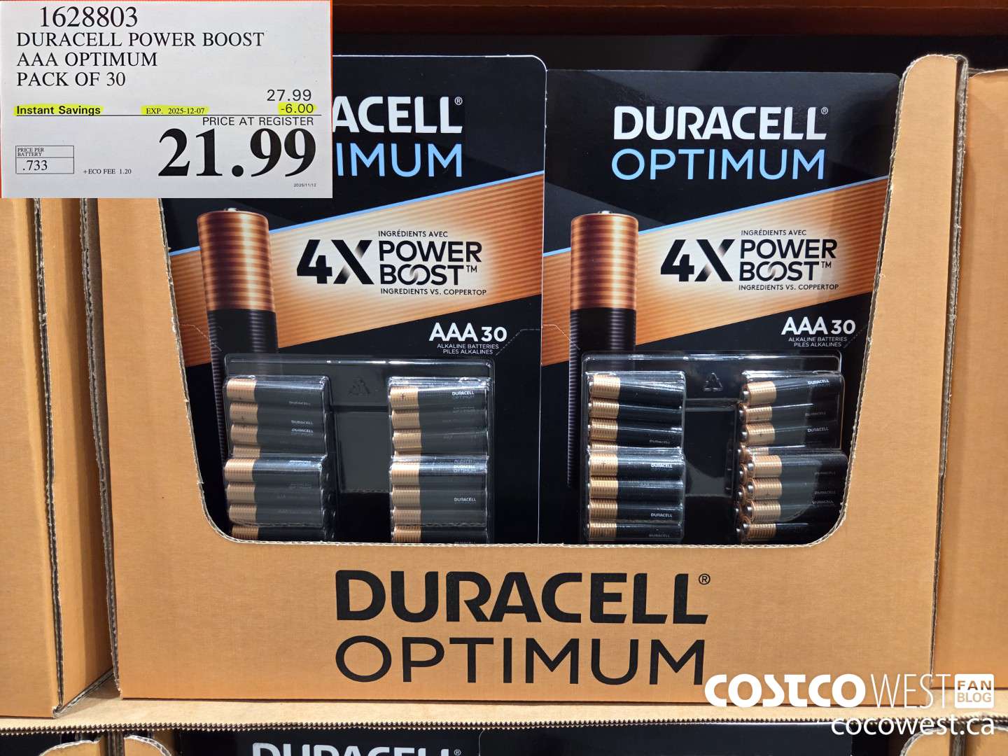 1628803 DURACELL POWER BOOST AAA OPTIMUM PACK OF 30 ($6.00 INSTANT SAVINGS EXPIRES ON 2025-12-07) $21.99