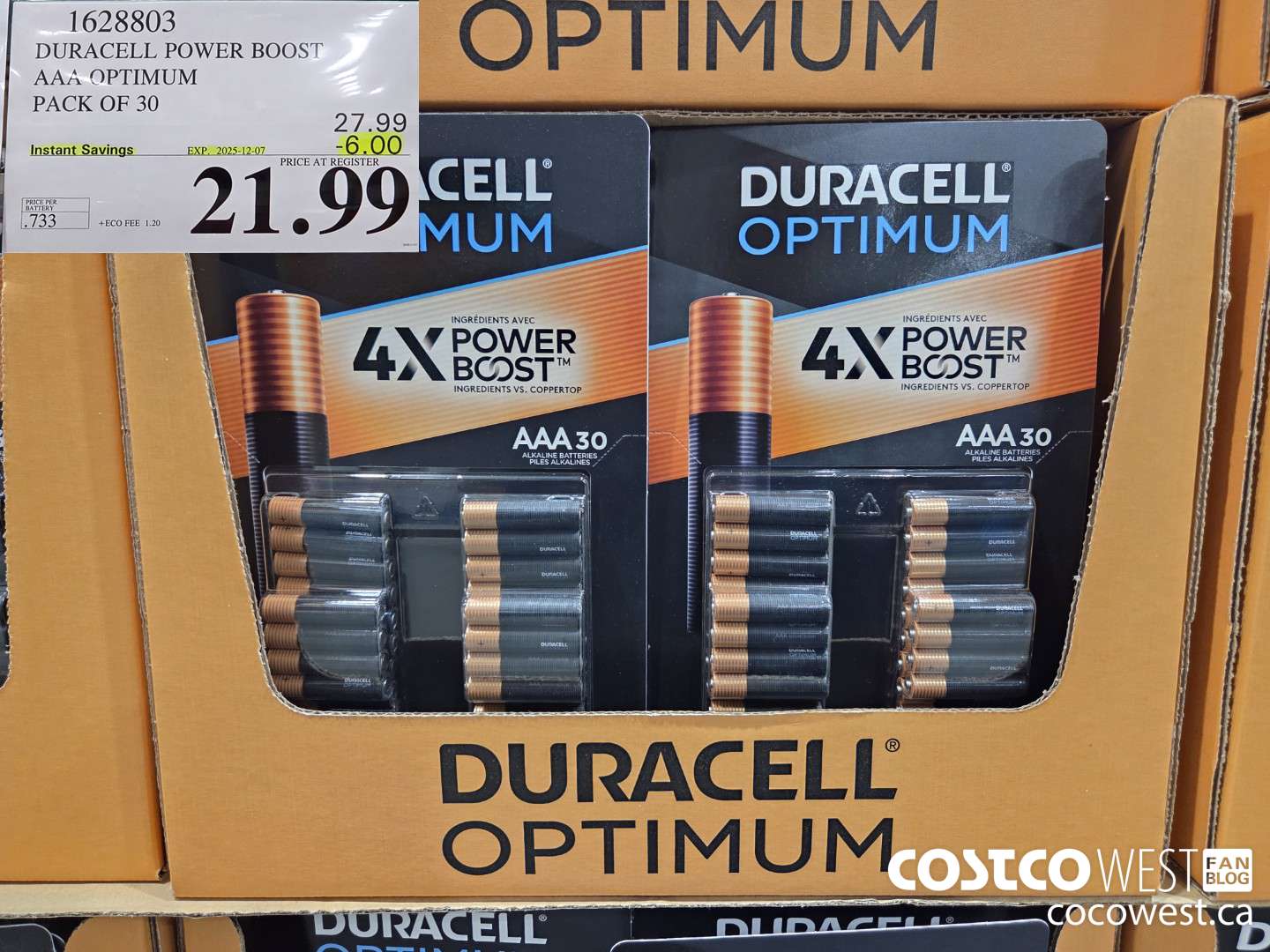 1628803 DURACELL POWER BOOST AAA OPTIMUM PACK OF 30 ($6.00 INSTANT SAVINGS EXPIRES ON 2025-12-07) $21.99