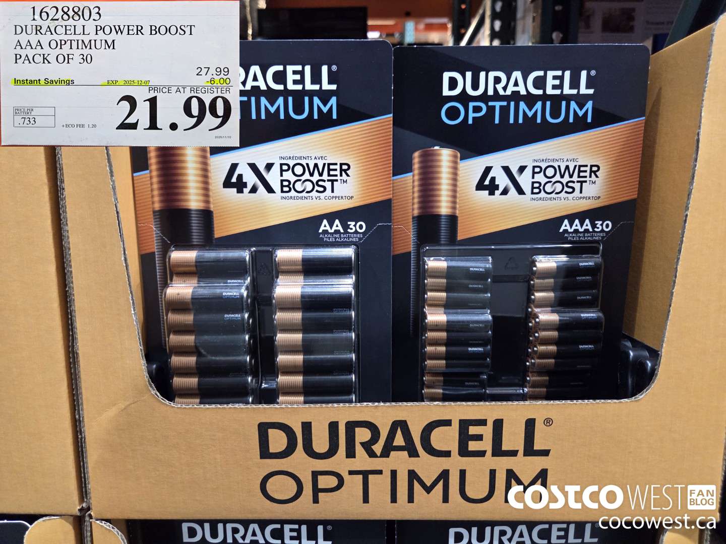 1628803 DURACELL POWER BOOST AAA OPTIMUM PACK OF 30 ($6.00 INSTANT SAVINGS EXPIRES ON 2025-12-07) $21.99