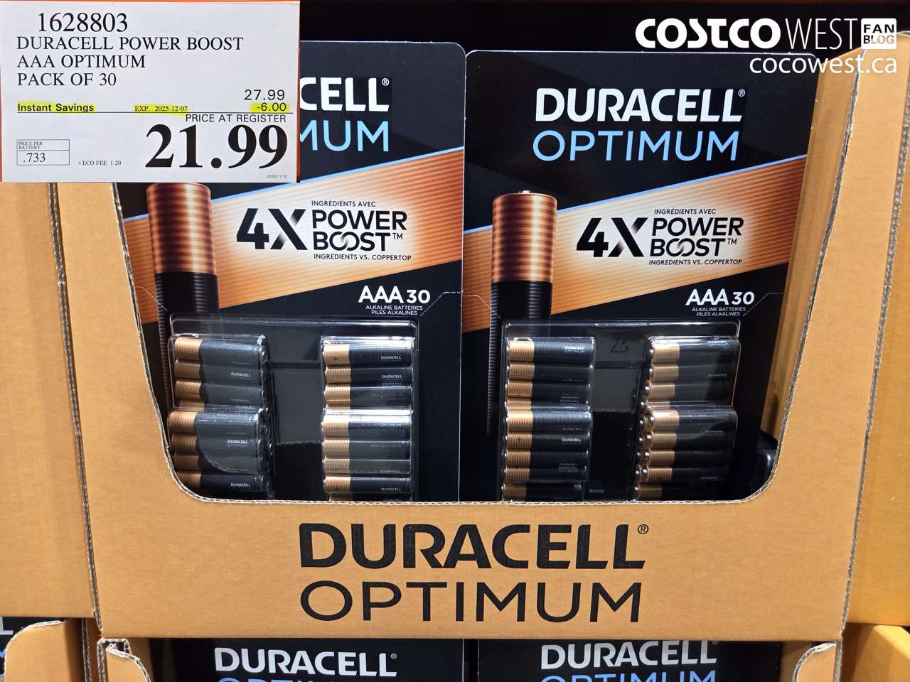 1628803 DURACELL POWER BOOST AAA OPTIMUM PACK OF 30 ($6.00 INSTANT SAVINGS EXPIRES ON 2025-12-07) $21.99
