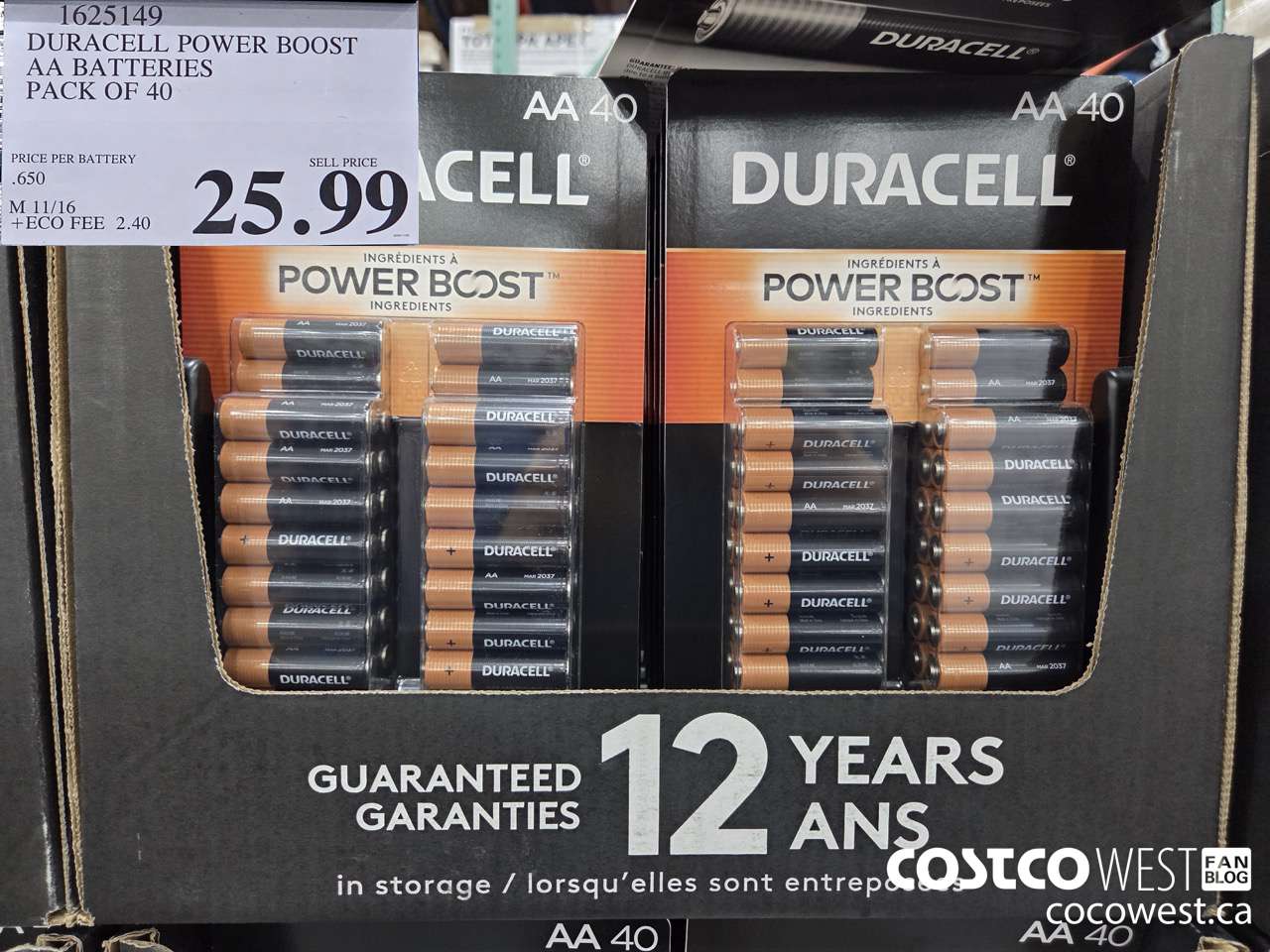 1625149 DURACELL POWER BOOST AA BATTERIES PACK OF 40 $25.99