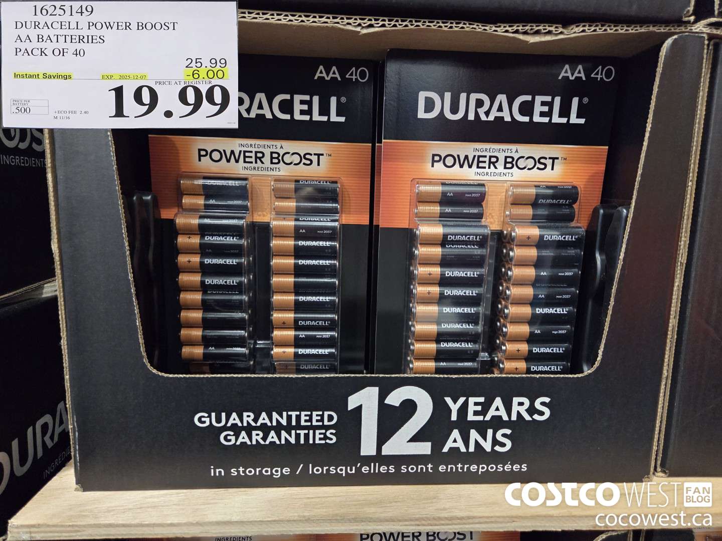 1625149 DURACELL POWER BOOST AA BATTERIES PACK OF 40 ($6.00 INSTANT SAVINGS EXPIRES ON 2025-12-07) $19.99
