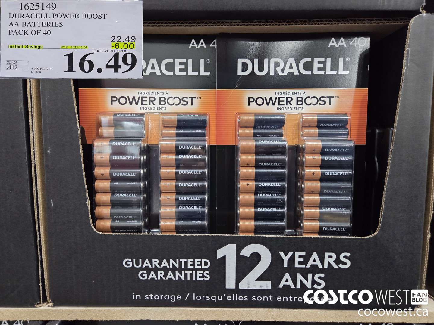 1625149 DURACELL POWER BOOST AA BATTERIES PACK OF 40 ($6.00 INSTANT SAVINGS EXPIRES ON 2025-12-07) $16.49