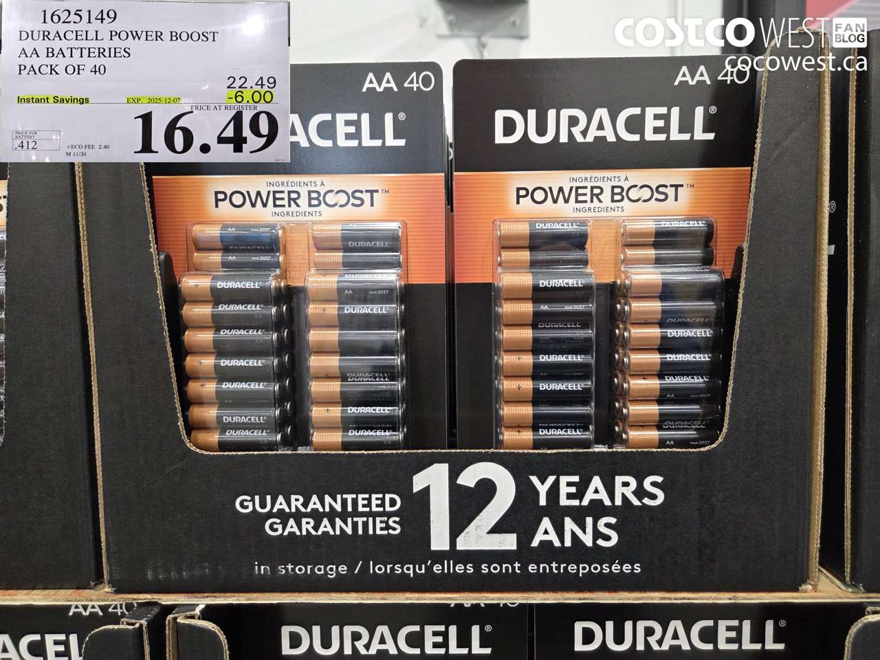 1625149 DURACELL POWER BOOST AA BATTERIES PACK OF 40 ($6.00 INSTANT SAVINGS EXPIRES ON 2025-12-07) $16.49