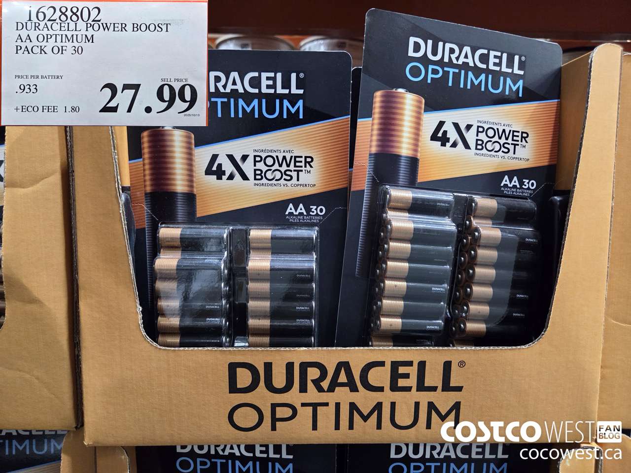 1628802 DURACELL POWER BOOST AA OPTIMUM PACK OF 30 $27.99