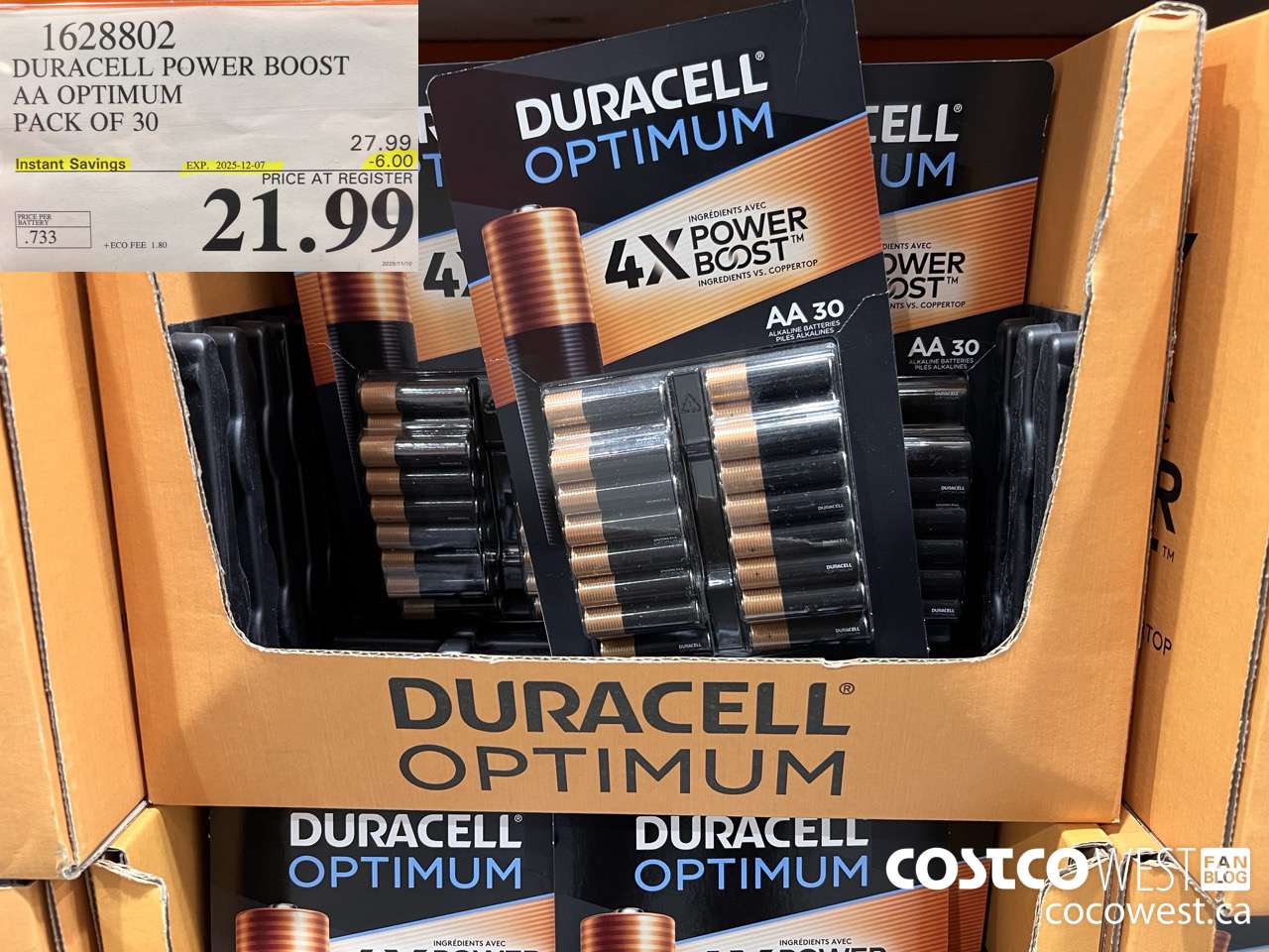 1628802 DURACELL POWER BOOST AA OPTIMUM PACK OF 30 ($6.00 INSTANT SAVINGS EXPIRES ON 2025-12-07) $21.99