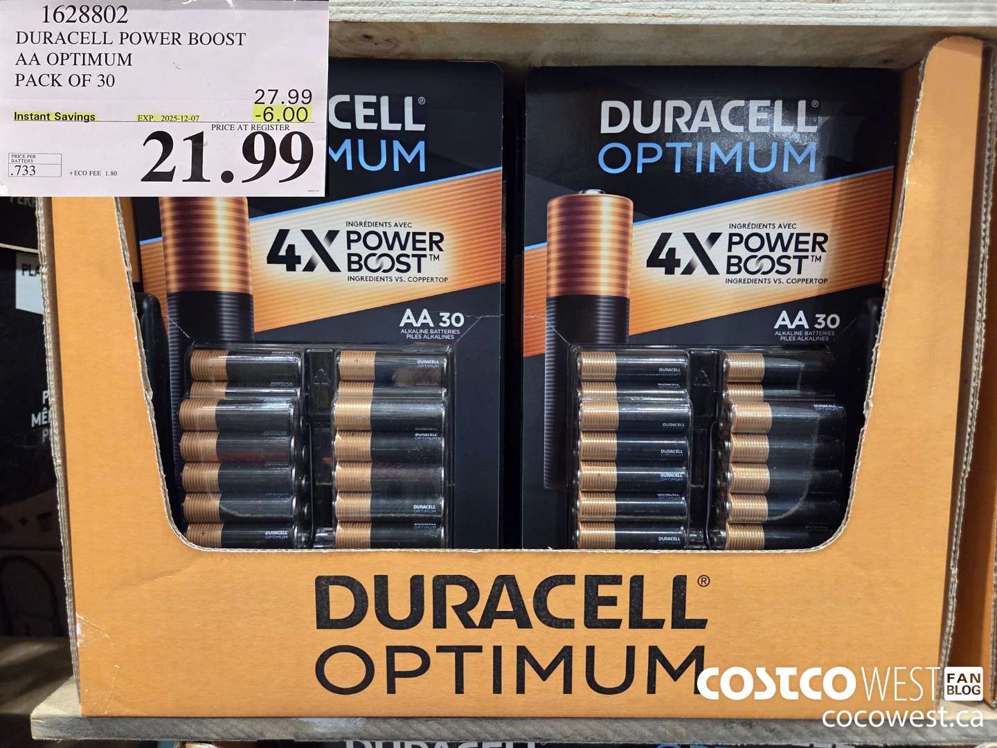 1628802 DURACELL POWER BOOST AA OPTIMUM PACK OF 30 ($6.00 INSTANT SAVINGS EXPIRES ON 2025-12-07) $21.99