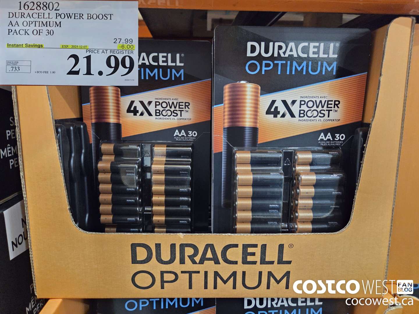 1628802 DURACELL POWER BOOST AA OPTIMUM PACK OF 30 ($6.00 INSTANT SAVINGS EXPIRES ON 2025-12-07) $21.99