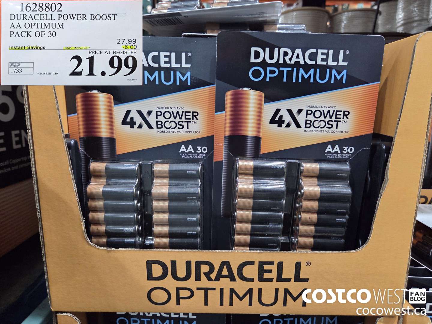 1628802 DURACELL POWER BOOST AA OPTIMUM PACK OF 30 ($6.00 INSTANT SAVINGS EXPIRES ON 2025-12-07) $21.99