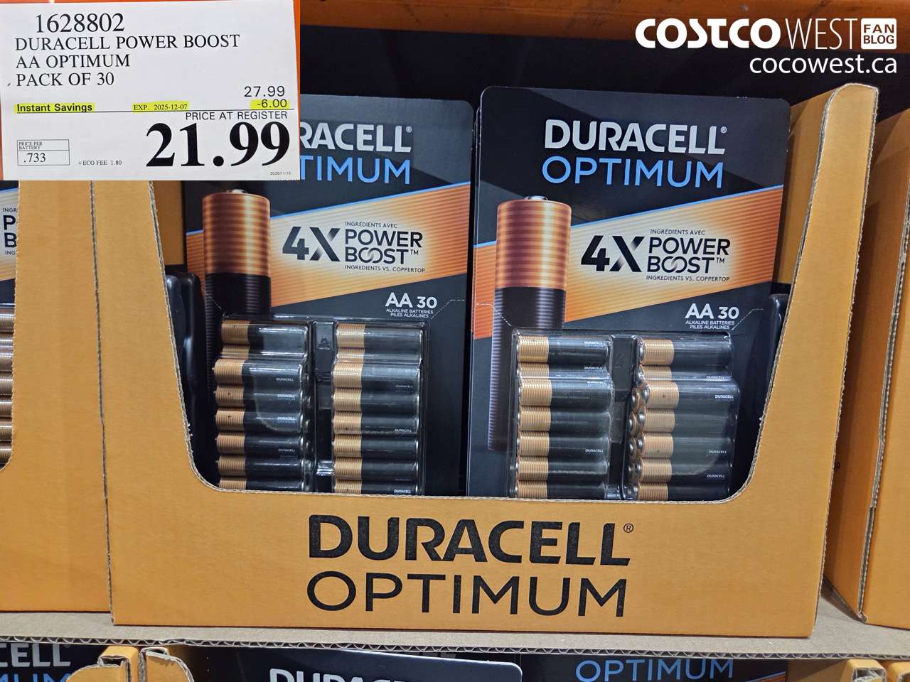 1628802 DURACELL POWER BOOST AA OPTIMUM PACK OF 30 ($6.00 INSTANT SAVINGS EXPIRES ON 2025-12-07) $21.99