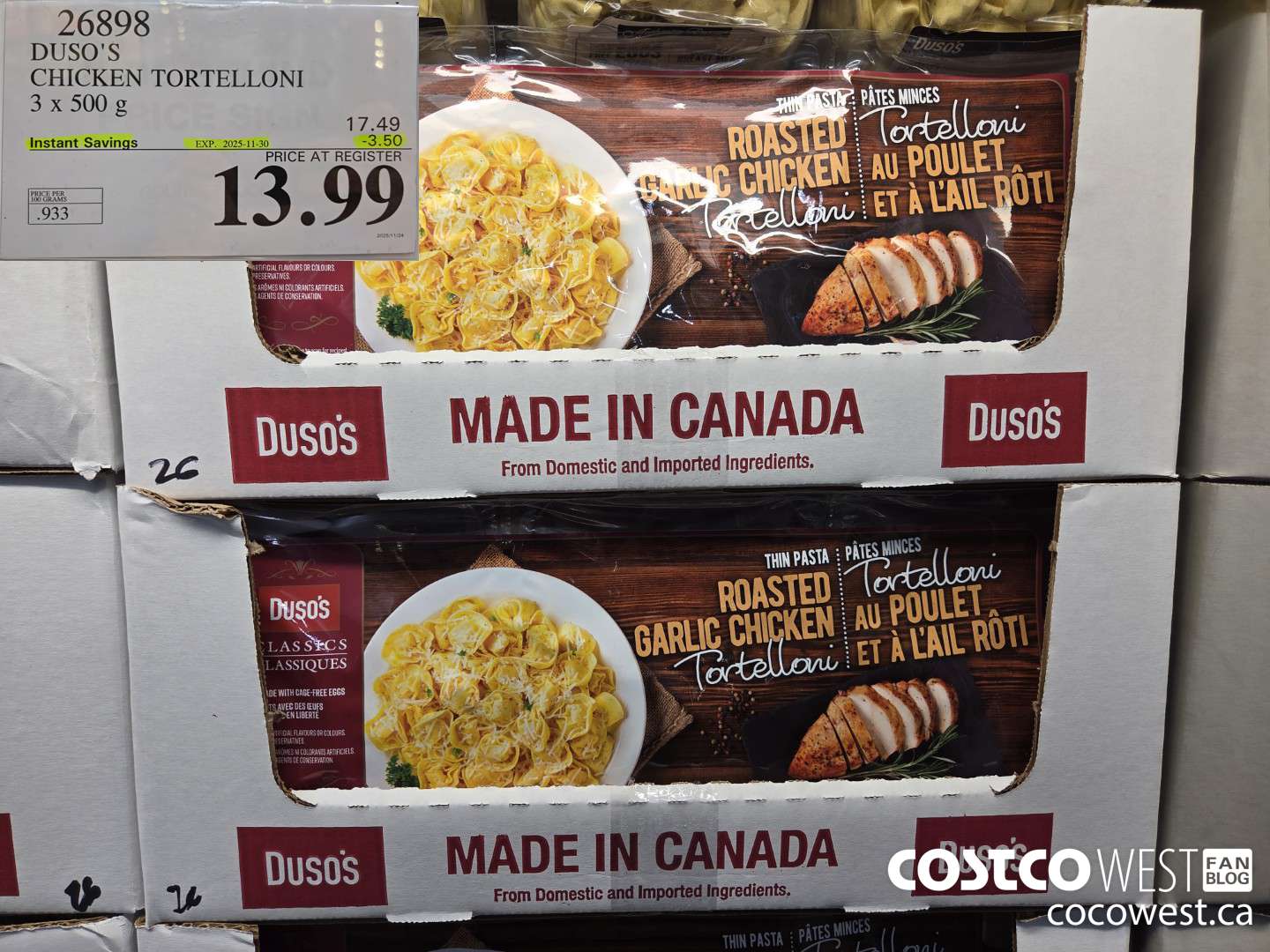 26898 DUSO'S CHICKEN TORTELLONI 3 x 500 g ($3.50 INSTANT SAVINGS EXPIRES ON 2025-11-30) $13.99