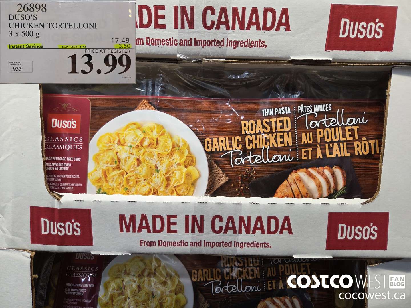 26898 DUSO'S CHICKEN TORTELLONI 3 x 500 g ($3.50 INSTANT SAVINGS EXPIRES ON 2025-11-30) $13.99