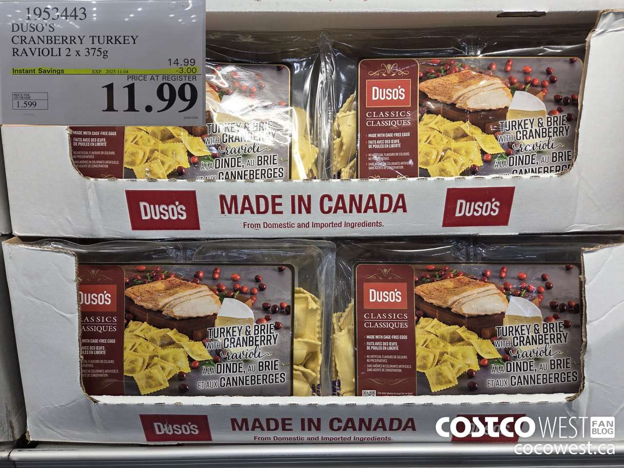 1953443 DUSO'S CRANBERRY TURKEY RAVIOLI 2 X 375G ($3.00 INSTANT SAVINGS EXPIRES ON 2025-11-04) $11.99