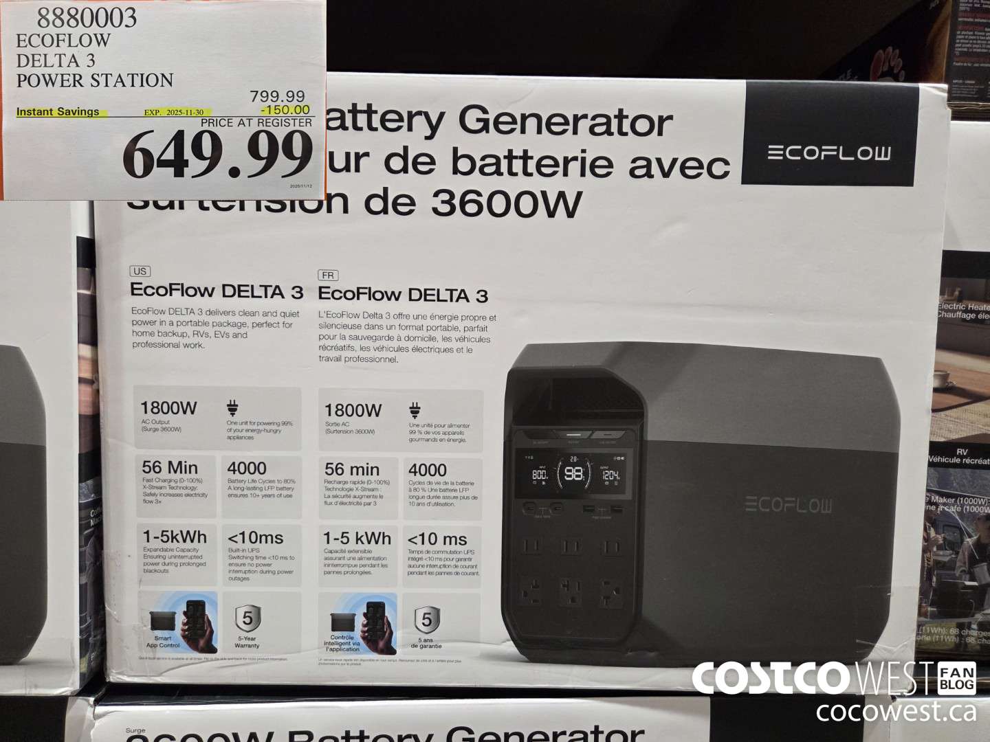8880003 ECOFLOW DELTA 3 POWER STATION ($150.00 INSTANT SAVINGS EXPIRES ON 2025-11-30) $649.99