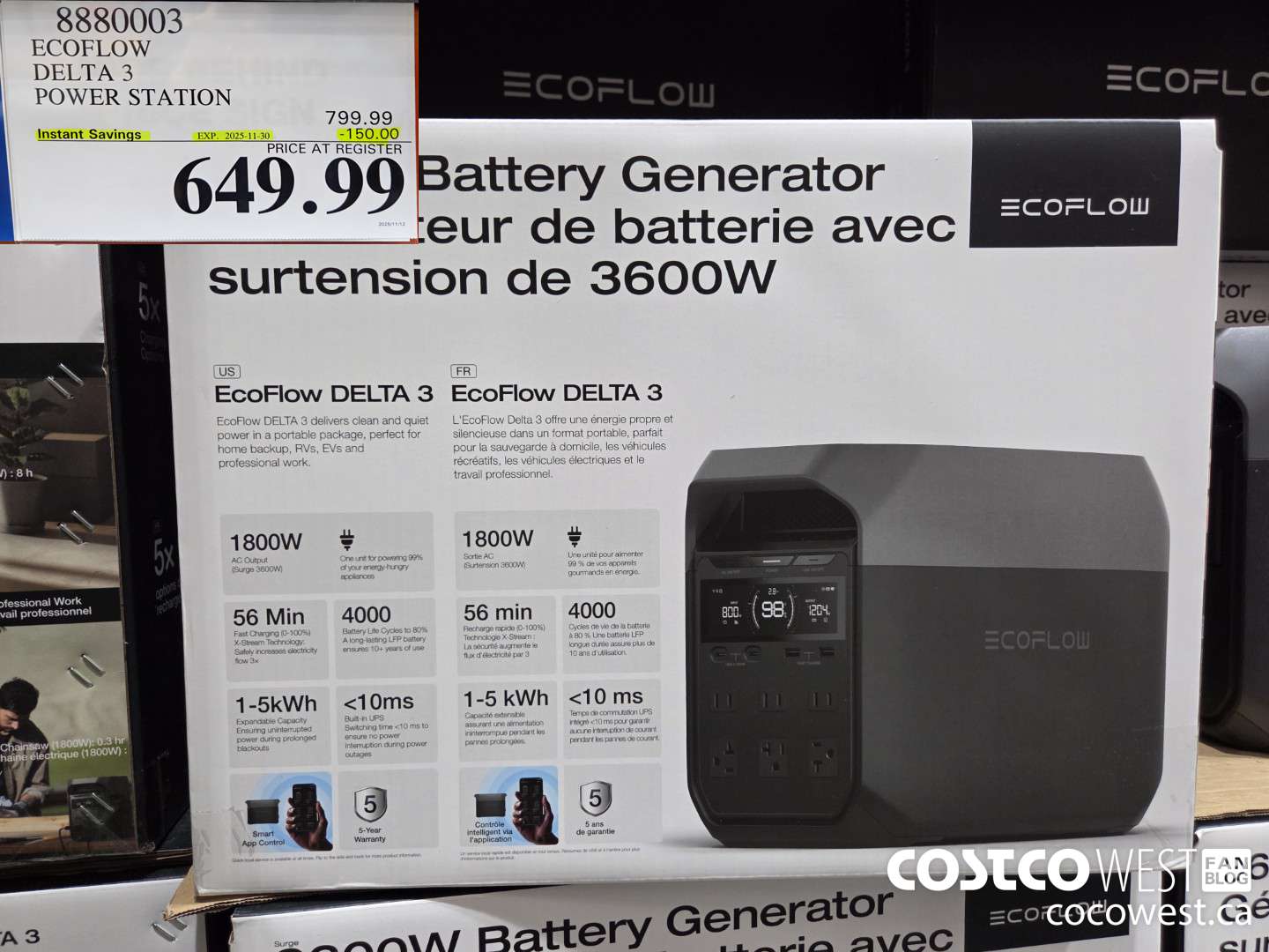 8880003 ECOFLOW DELTA 3 POWER STATION ($150.00 INSTANT SAVINGS EXPIRES ON 2025-11-30) $649.99