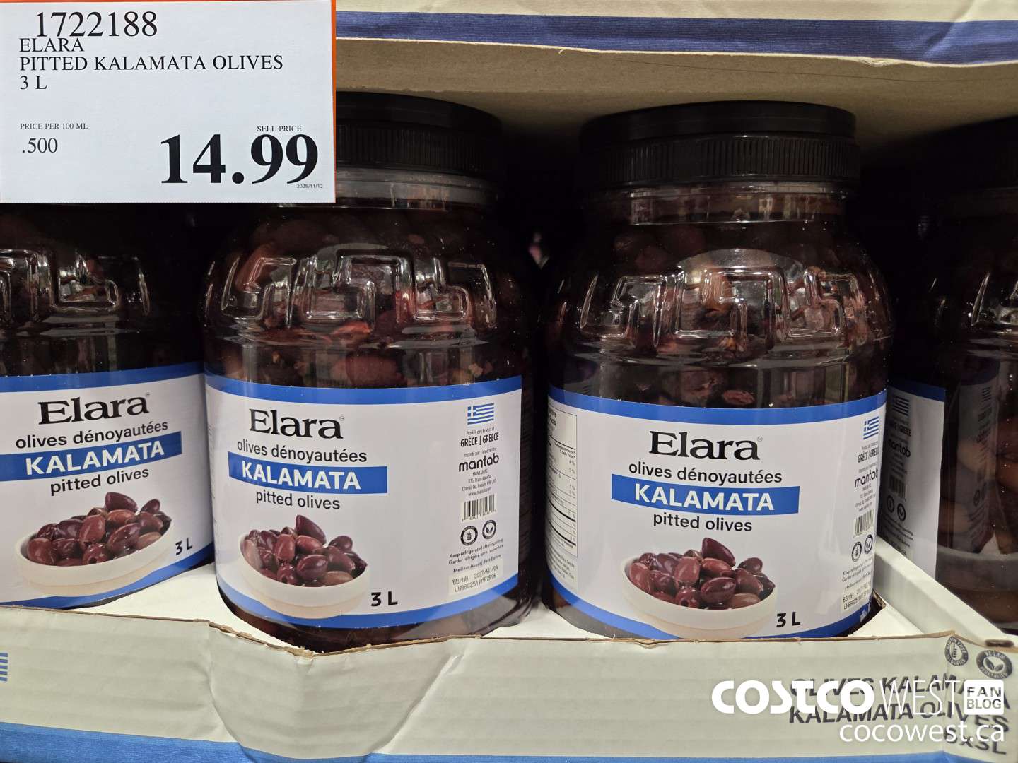 1722188 ELARA PITTED KALAMATA OLIVES 3 L $14.99