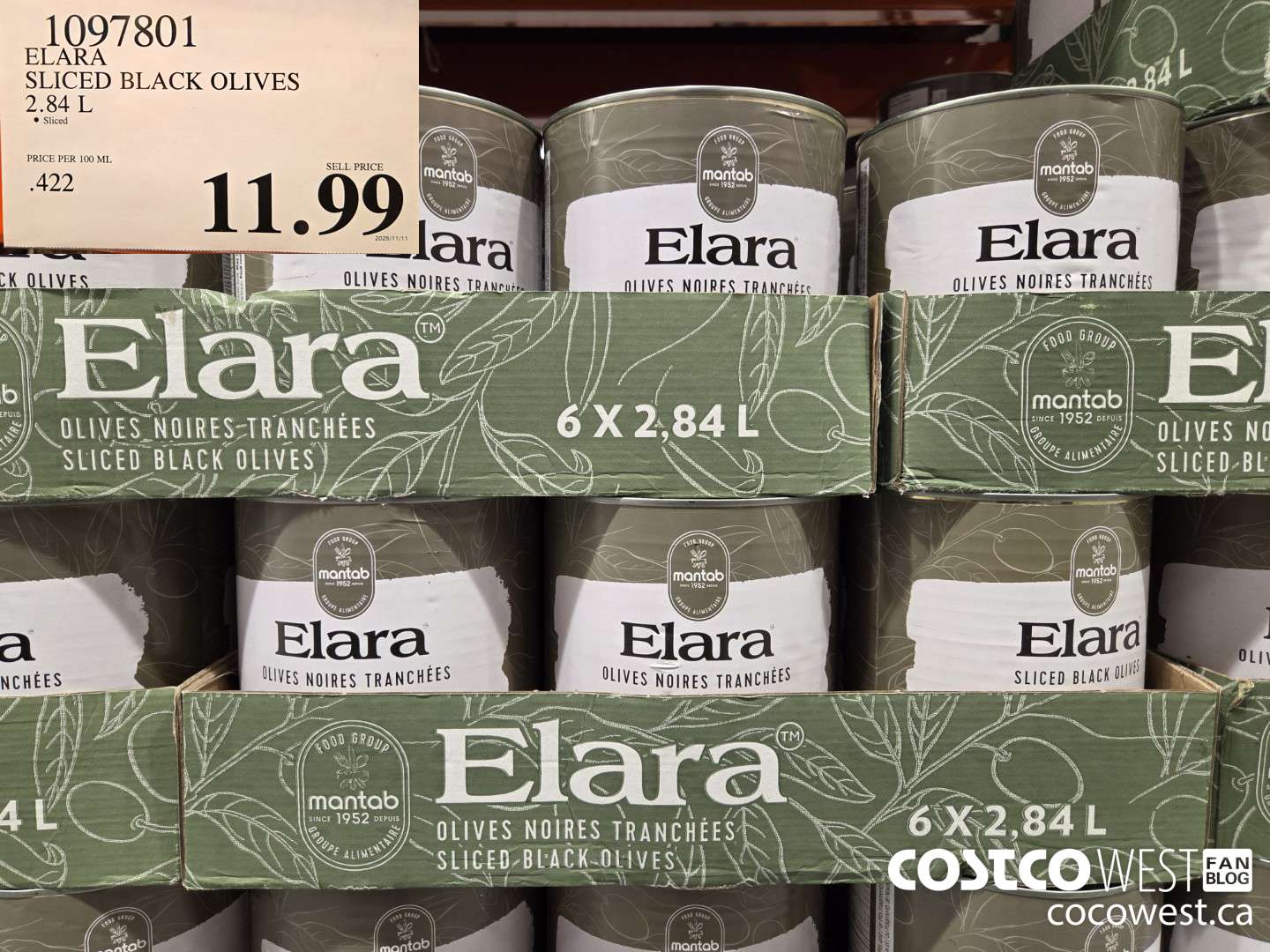 1097801 ELARA SLICED BLACK OLIVES 2.84 L $11.99