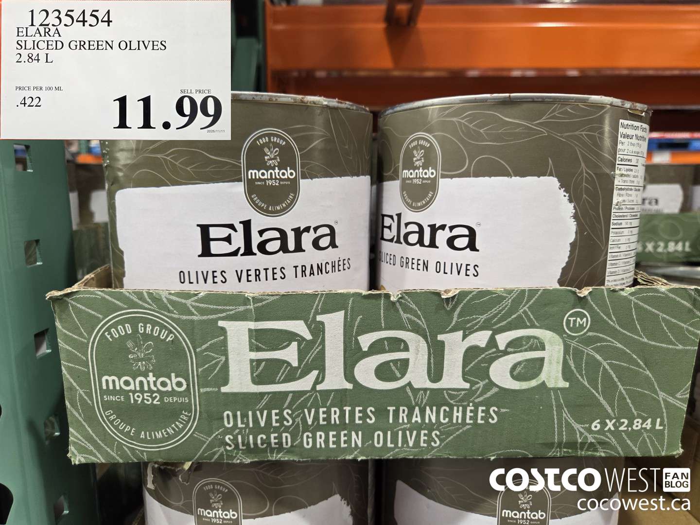 1235454 ELARA SLICED GREEN OLIVES 2.84 L $11.99