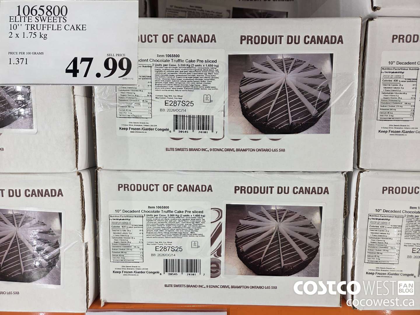 1065800 ELITE SWEETS 10'' TRUFFLE CAKE 2 x 1.75 kg $47.99