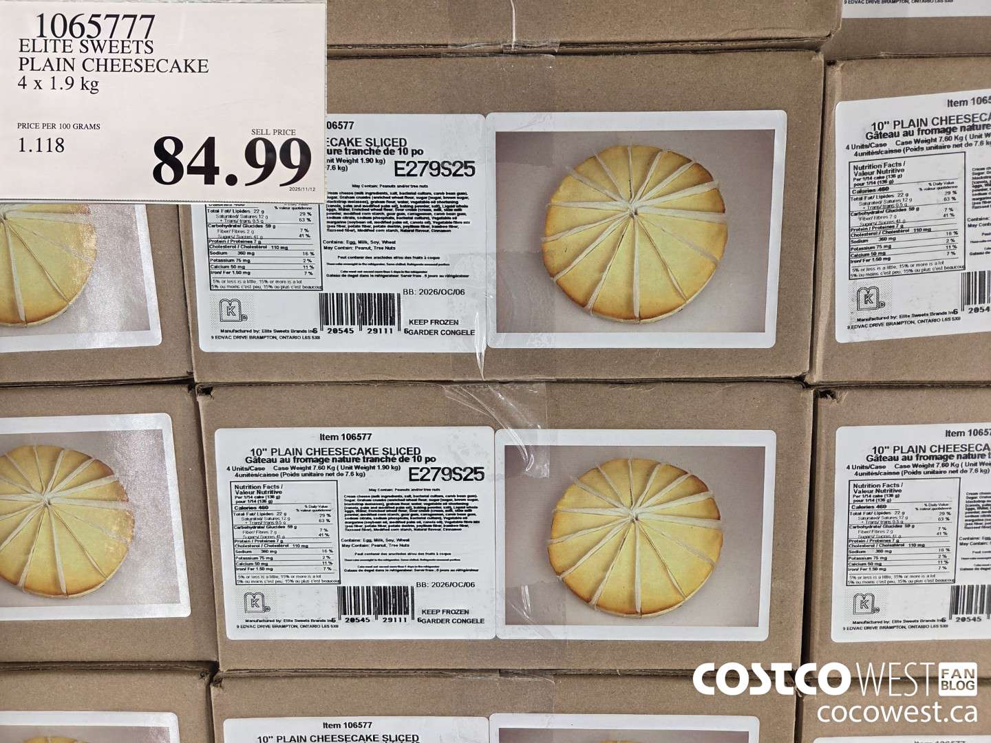 1065777 ELITE SWEETS PLAIN CHEESECAKE 4 x 1.9kg $84.99