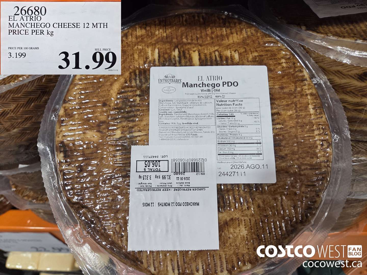 2680 EL ATRIO MANCHEGO CHEESE 12 MTH PRICE PER kg $31.99
