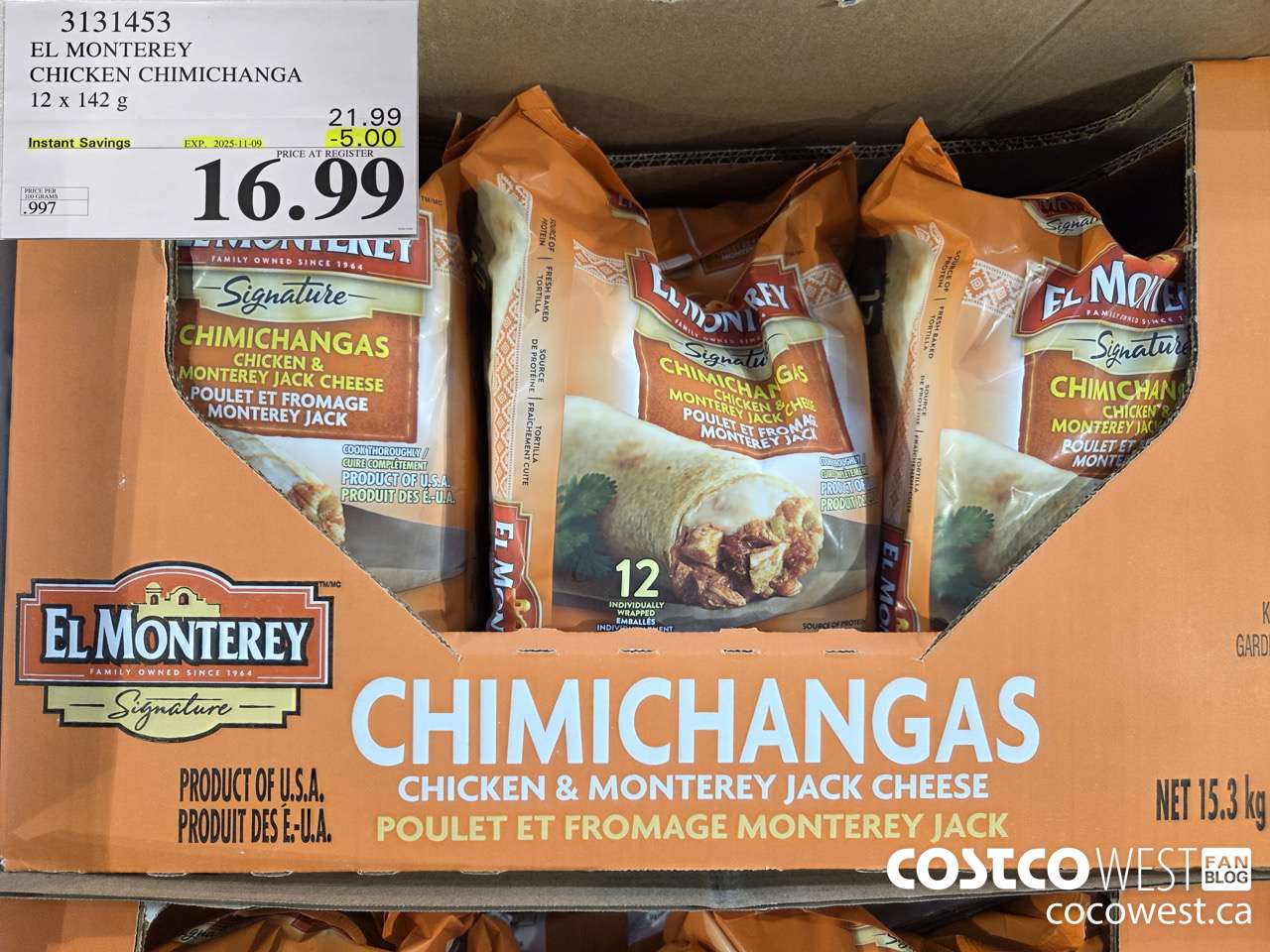 3131453 EL MONTEREY CHICKEN CHIMICHANGA 12 X 142G ($5.00 INSTANT SAVINGS EXPIRES ON 2025-11-09) $16.99