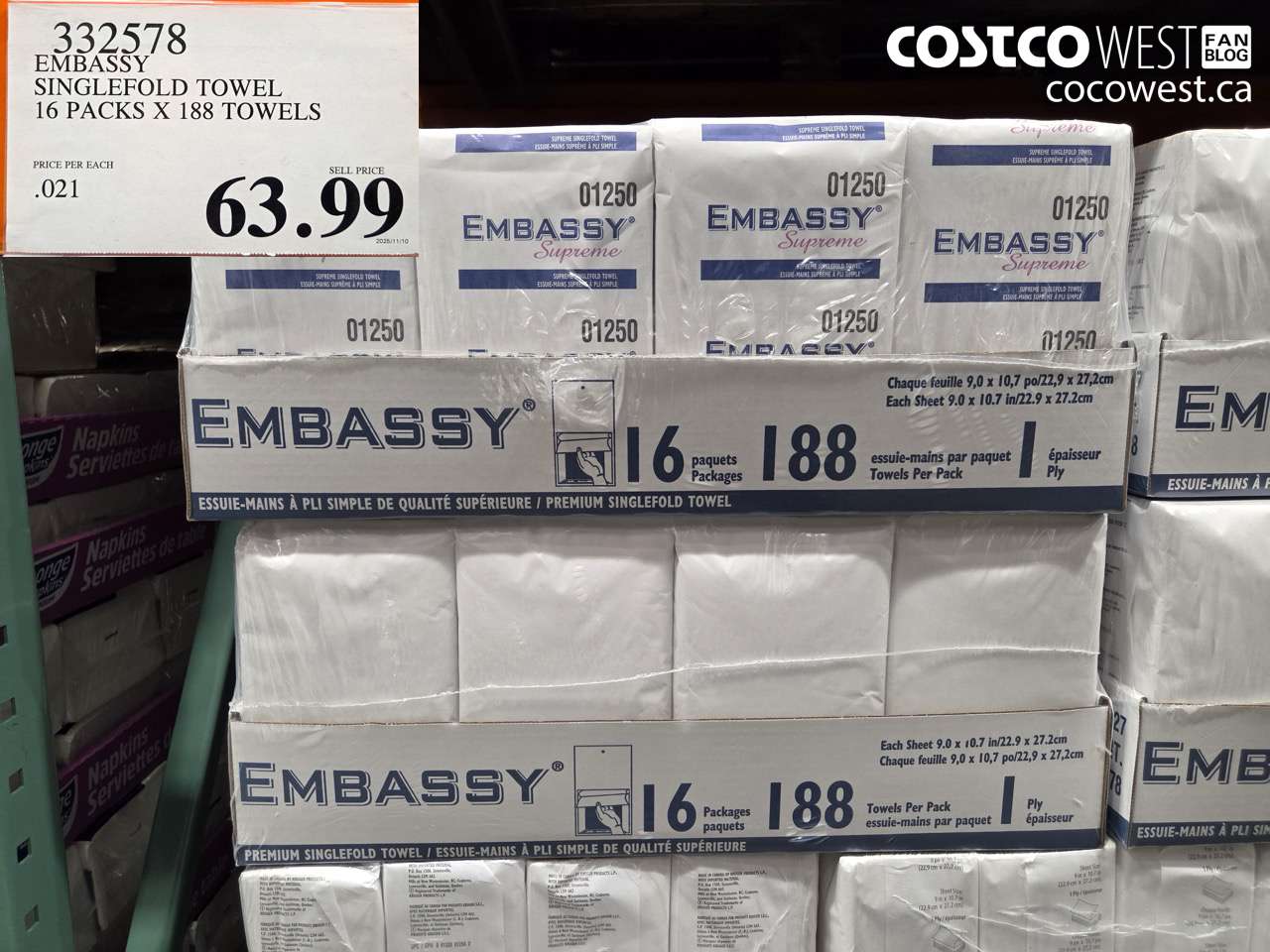 332578 EMBASSY SINGLEFOLD TOWEL 16 PACKS X 188 TOWELS $63.99