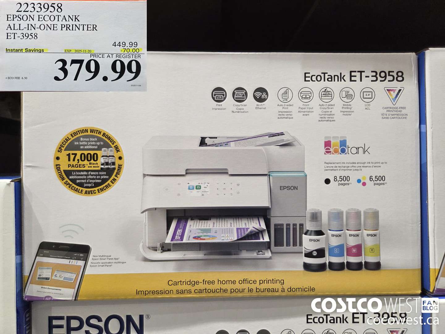 2233958 EPSON ECOTANK ALL-IN-ONE PRINTER ET-3958 ($70.00 INSTANT SAVINGS EXPIRES ON 2025-11-20) $379.99