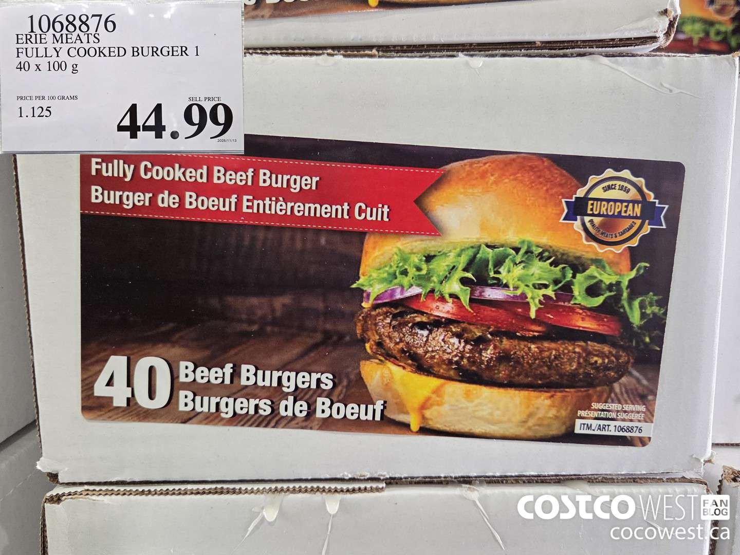 1068876 ERIE MEATS FULLY COOKED BURGER 40 x 100 g $44.99