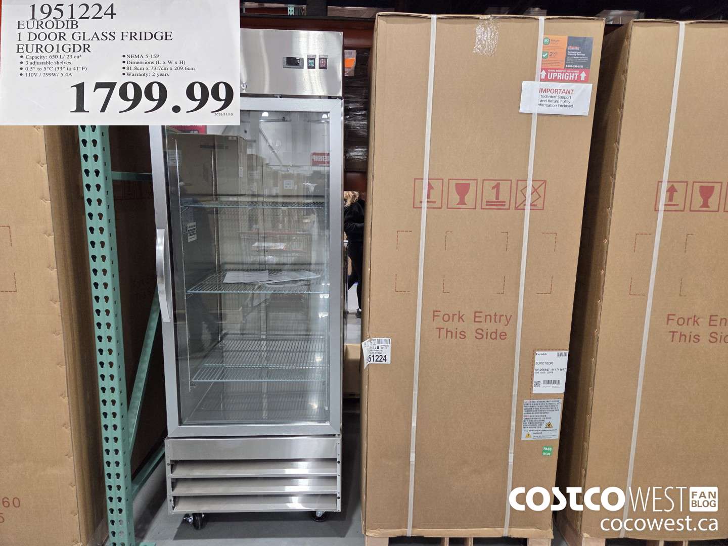 1951224 EURODIB 1 DOOR GLASS FRIDGE EUROIGDR $1799.99