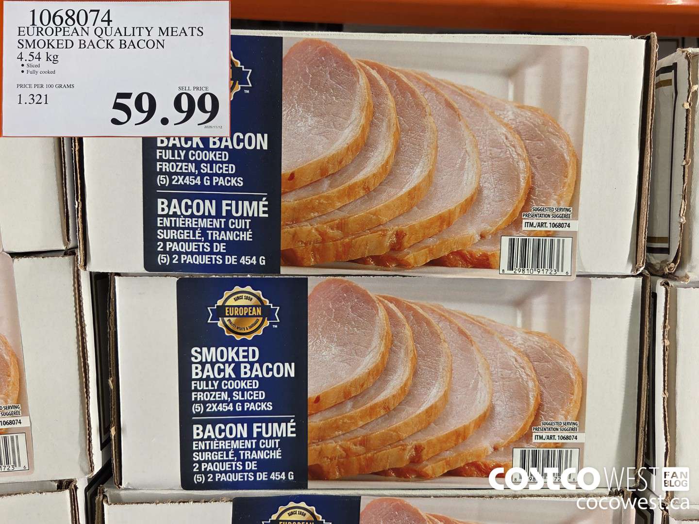 1068074 EUROPEAN QUALITY MEATS SMOKED BACK BACON 4.54 kg $59.99