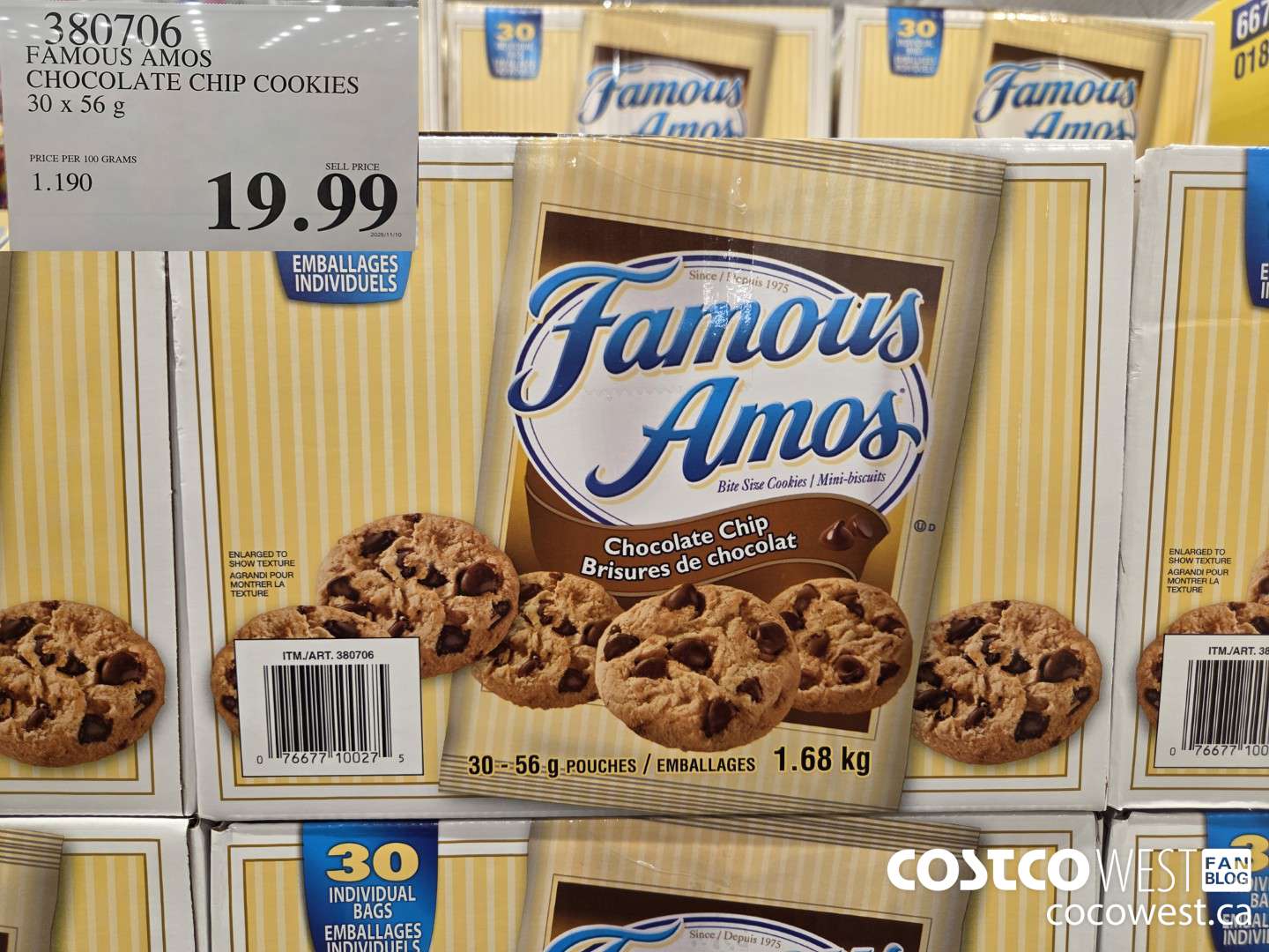 380706 FAMOUS AMOS CHOCOLATE CHIP COOKIES 30 X 56 g $19.99