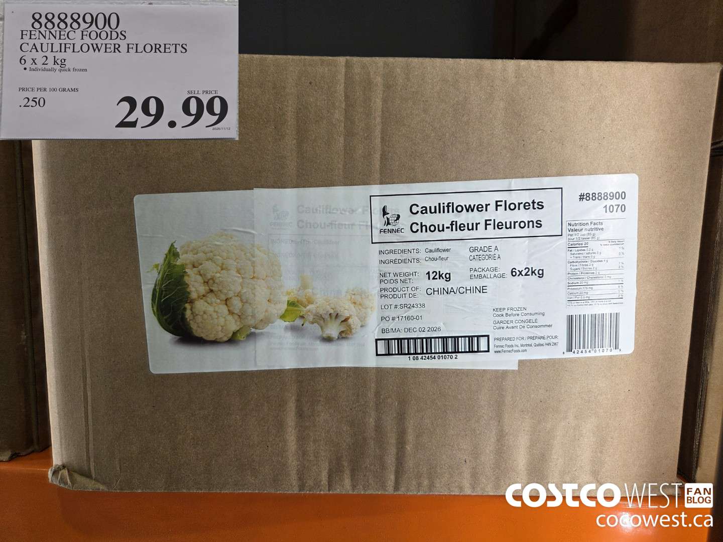 8888900 FENNEC FOODS CAULIFLOWER FLORETS 6 x 2 kg $29.99