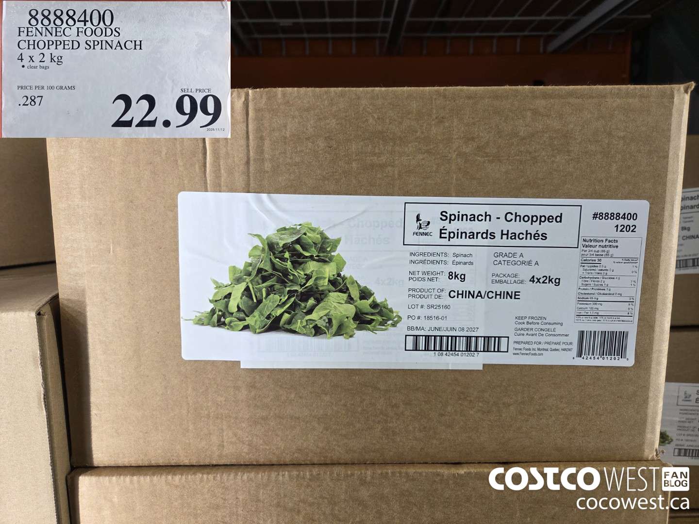 8888400 FENNEC FOODS CHOPPED SPINACH 4 x 2 kg $22.99