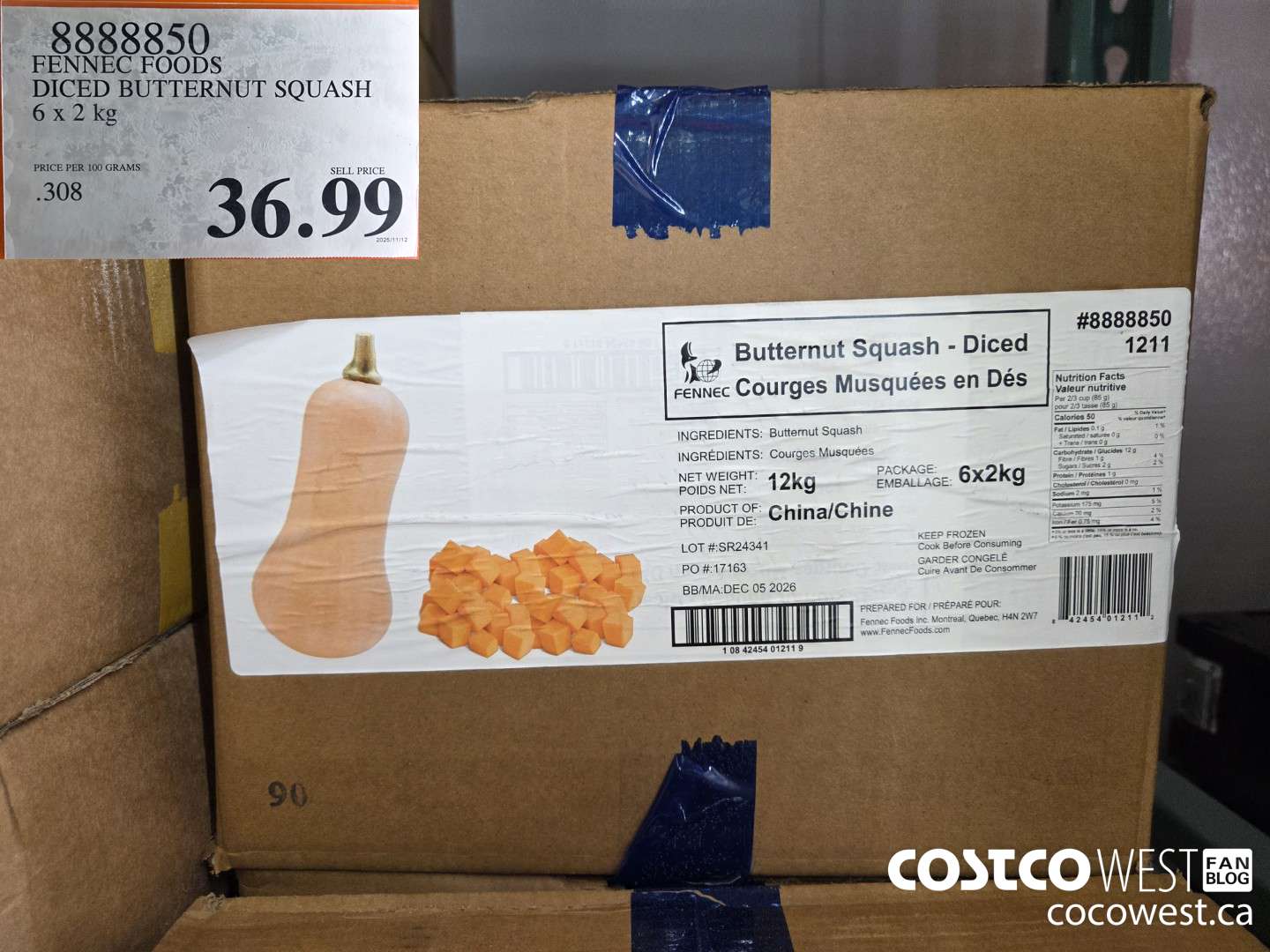 8888850 FENNEC FOODS DICED BUTTERNUT SQUASH 6 x 2 kg $36.99