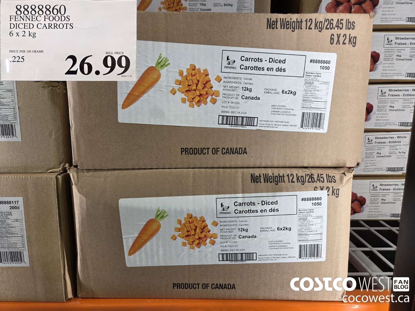8888860 FENNEC FOODS DICED CARROTS 6 x 2 kg $26.99
