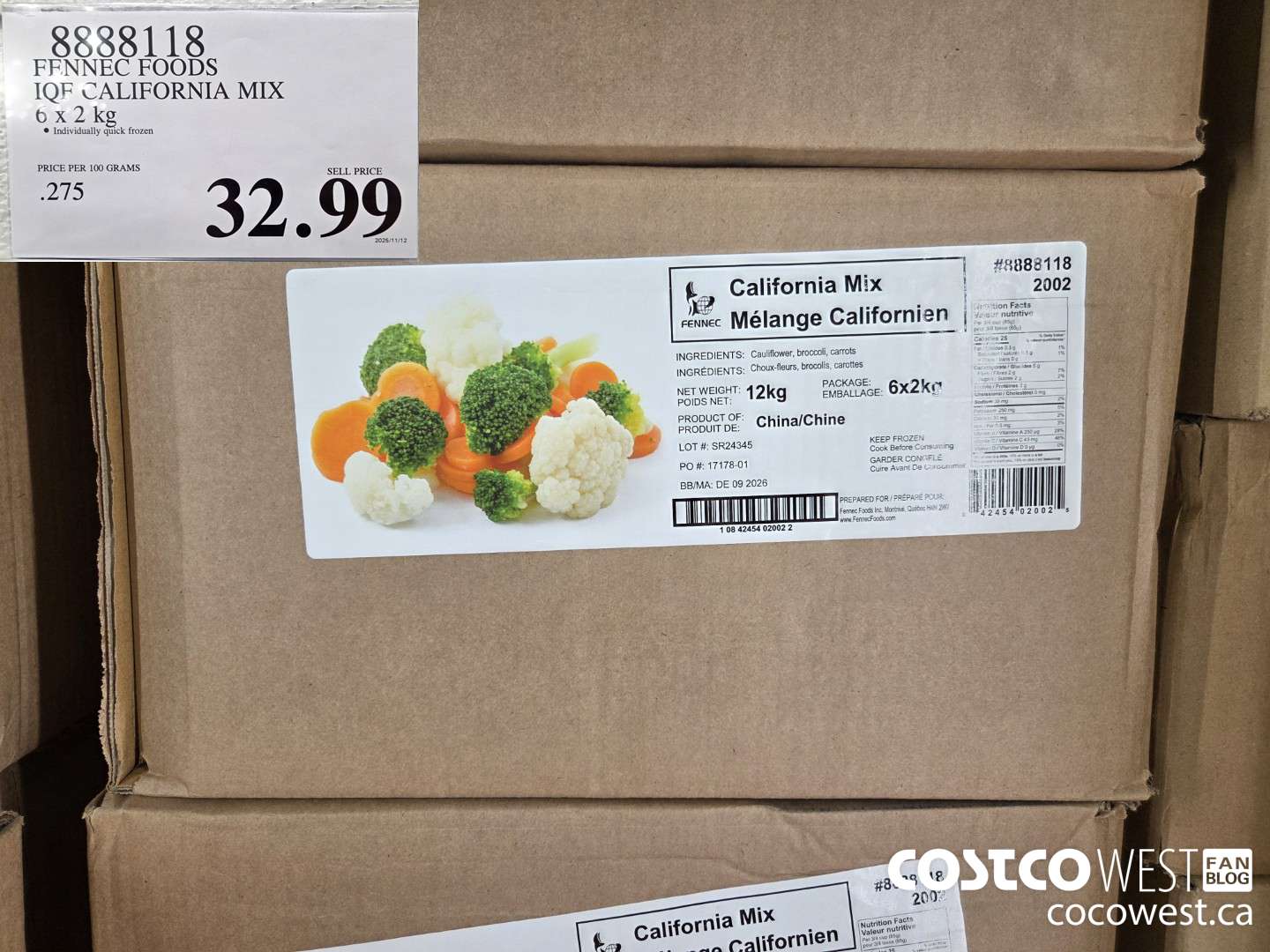 8888118 FENNEC FOODS IQF CALIFORNIA MIX 6 x 2 kg $32.99