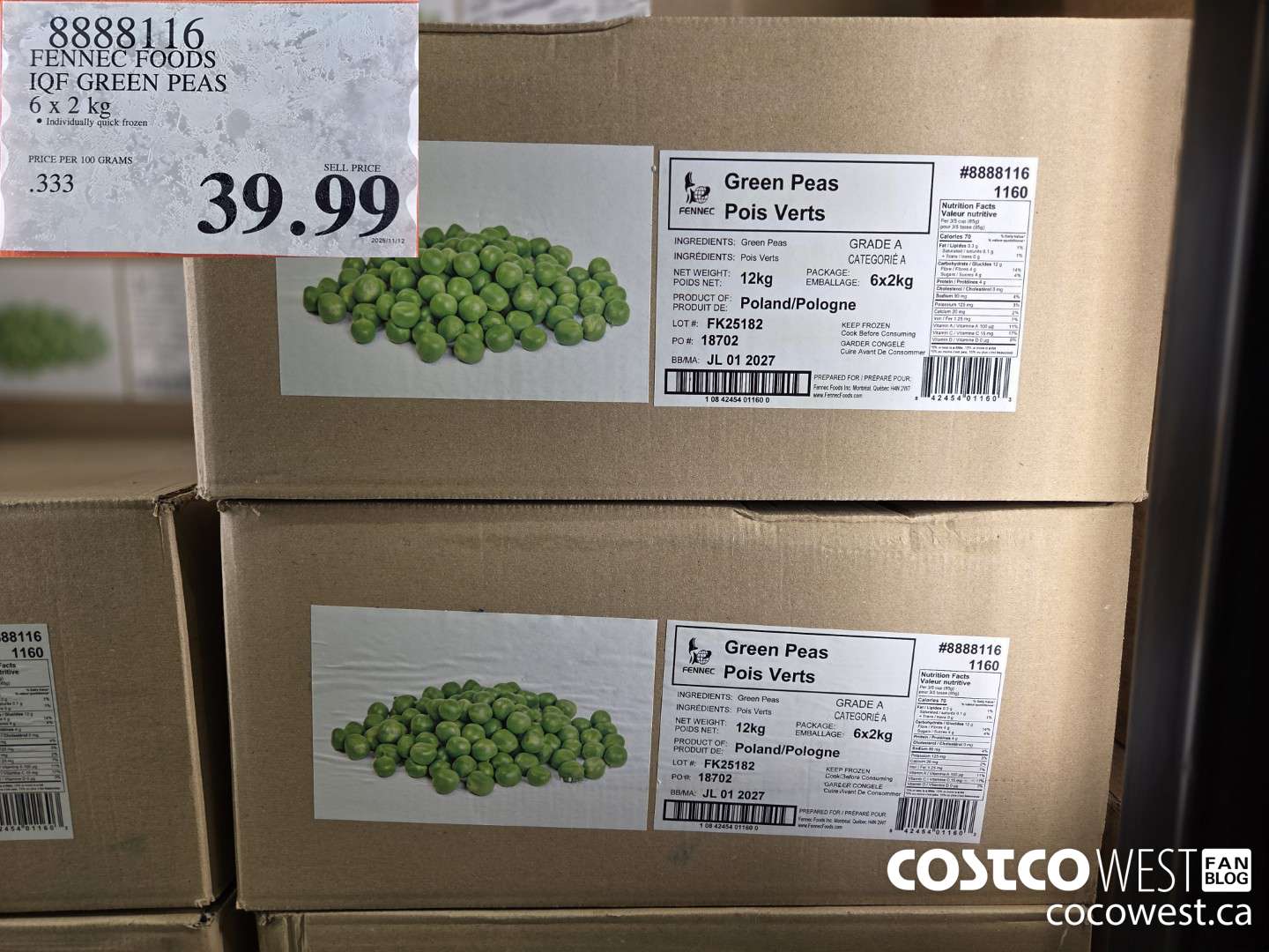 8888116 FENNEC FOODS IQF GREEN PEAS 6 x 2 kg $39.99
