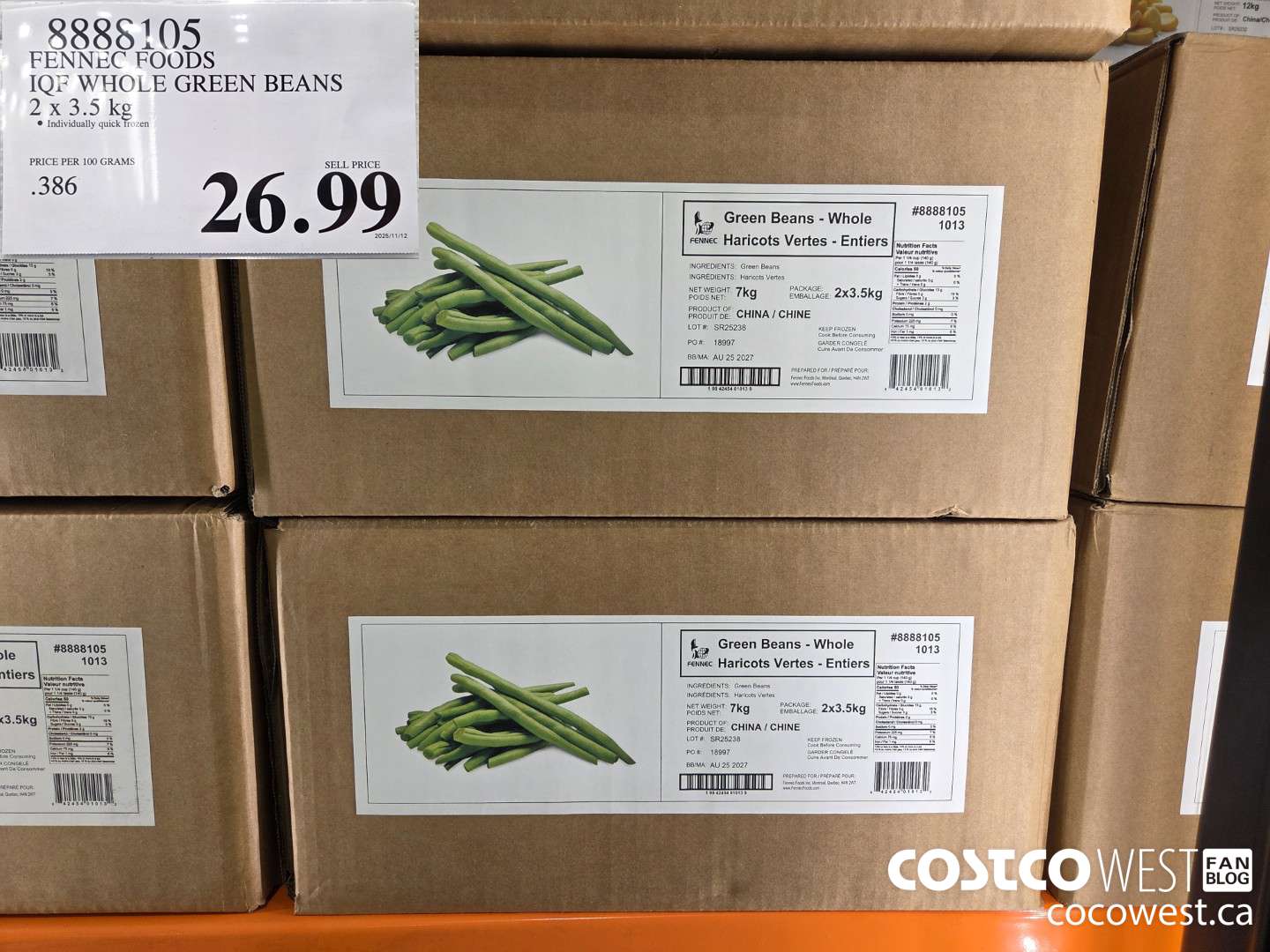 8888105 FENNEC FOODS IQF WHOLE GREEN BEANS 2 x 3.5 kg $26.99