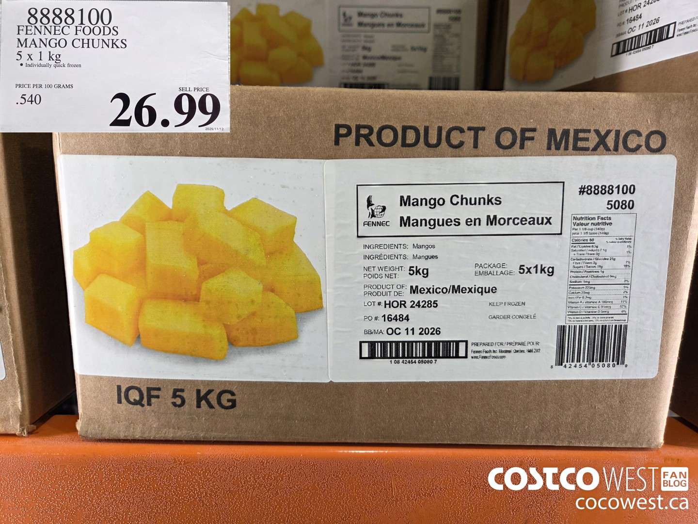 8888100 FENNEC FOODS MANGO CHUNKS 5 x 1 kg $26.99