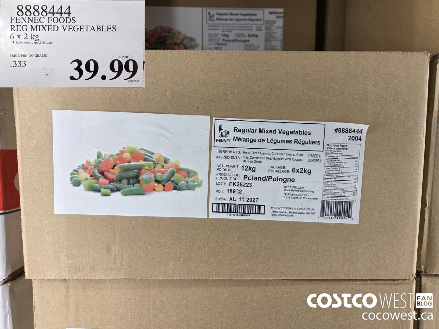 8888444 FENNEC FOODS REG MIXED VEGETABLES 6 x 2 kg $39.99