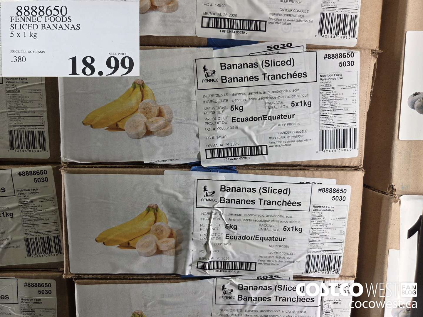 8888650 FENNEC FOODS SLICED BANANAS 5 x 1 kg $18.99