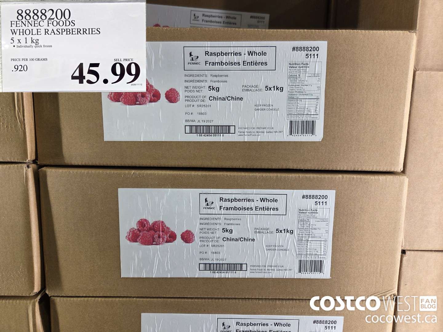 8888200 FENNEC FOODS WHOLE RASPBERRIES 5 x 1 kg $45.99