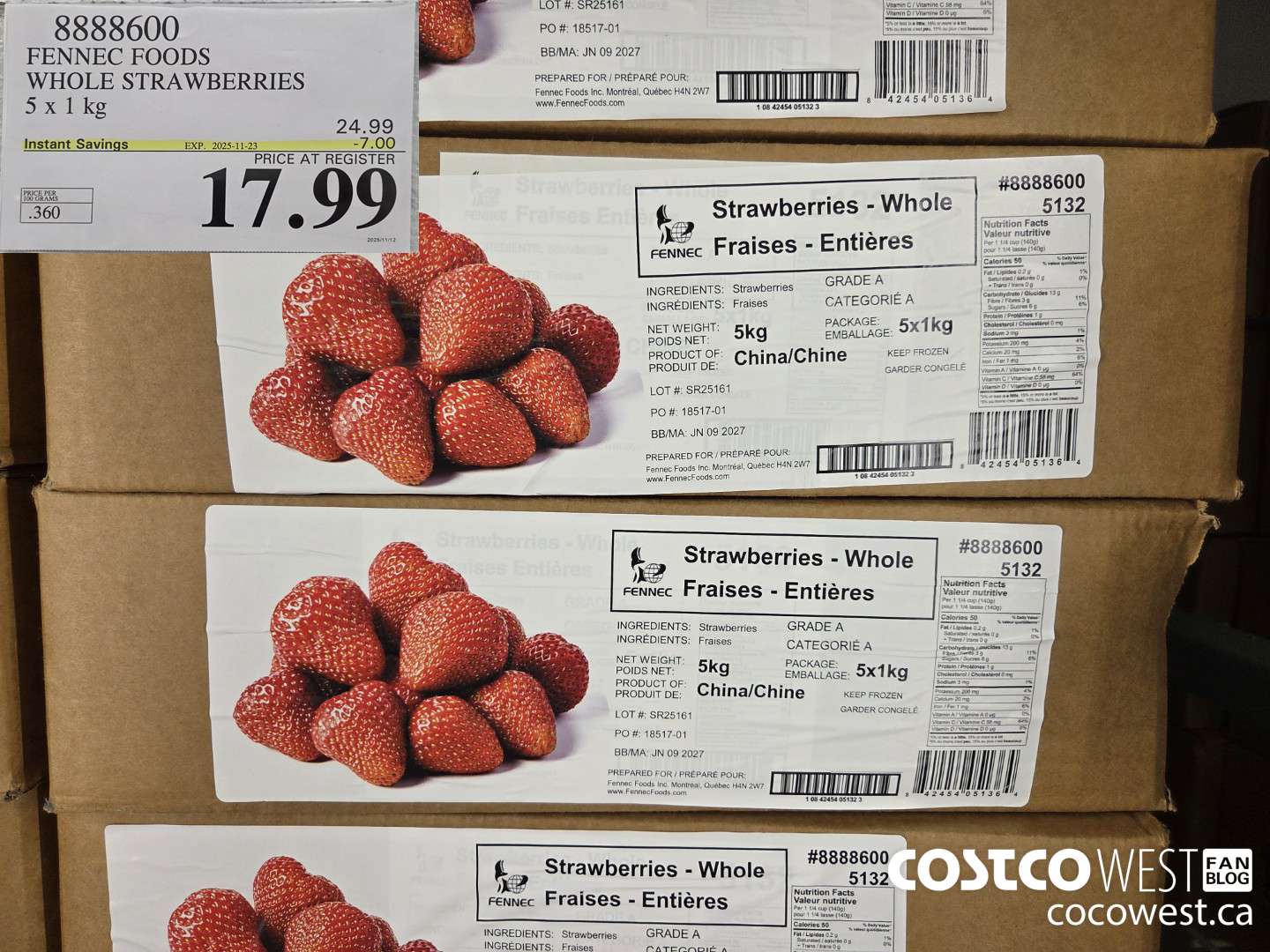 8888600 FENNEC FOODS WHOLE STRAWBERRIES 5 x 1 kg ($7.00 INSTANT SAVINGS EXPIRES ON 2025-11-23) $17.99